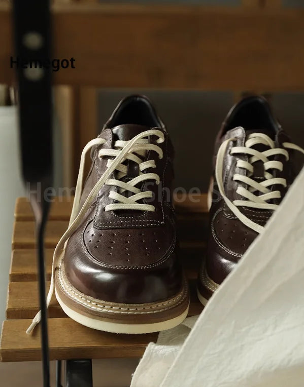 Round Toe Thick Soled Board Shoes Retro Genuine Leather Wear-Resistant Breathable Solid Color Casual Shoes Handmade Men's Shoes