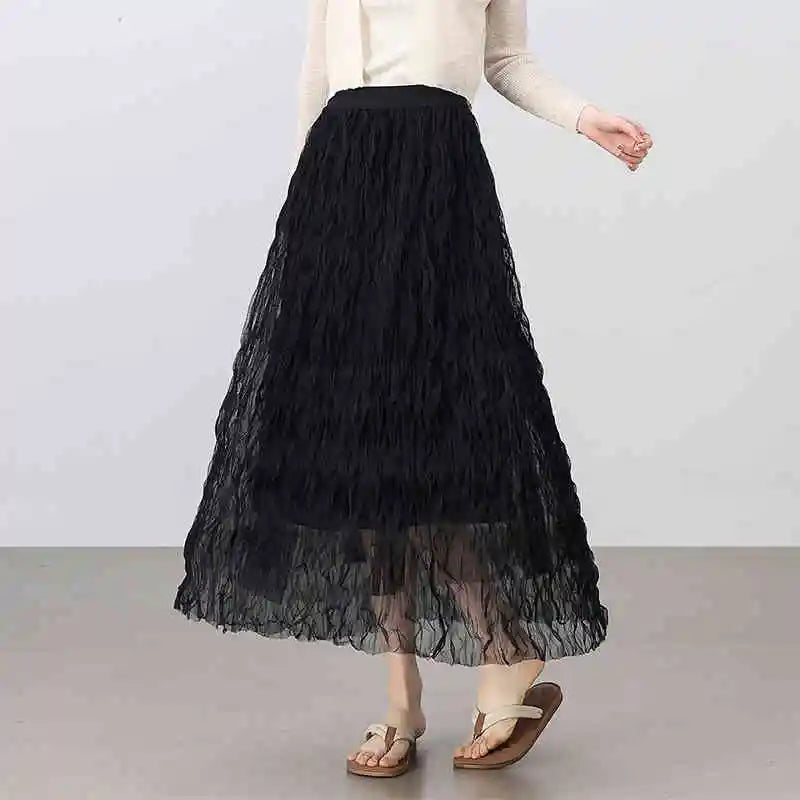 Damen Netzrock im süßen Stil mit hoher Taille und Rüschen