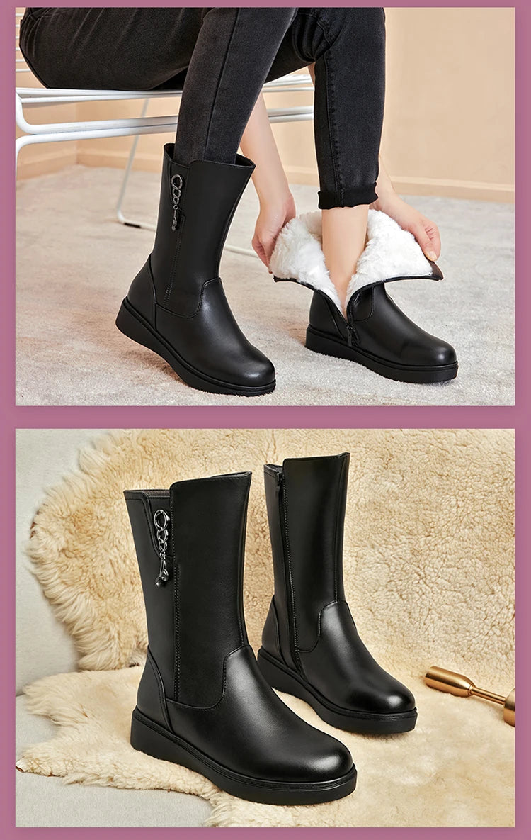 AIYUQI Women's Winter Boots Wool 2025  New Large Size 41 42 43 Women's Snow Boots Wool Flat Women's Mid-Boots