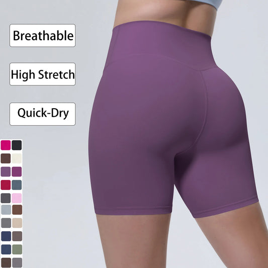 Lila High-Waist-Yogashorts für Damen, kurz, enganliegend, mit Seitennaht