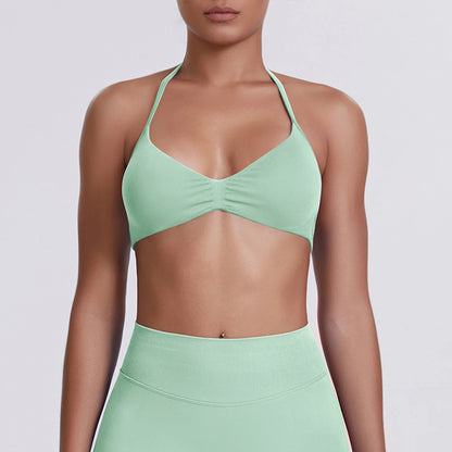 Yoga-BH mit Nackenriemen für Frauen, mintgrün, Triangel-Cups, geraffte Mittelnaht