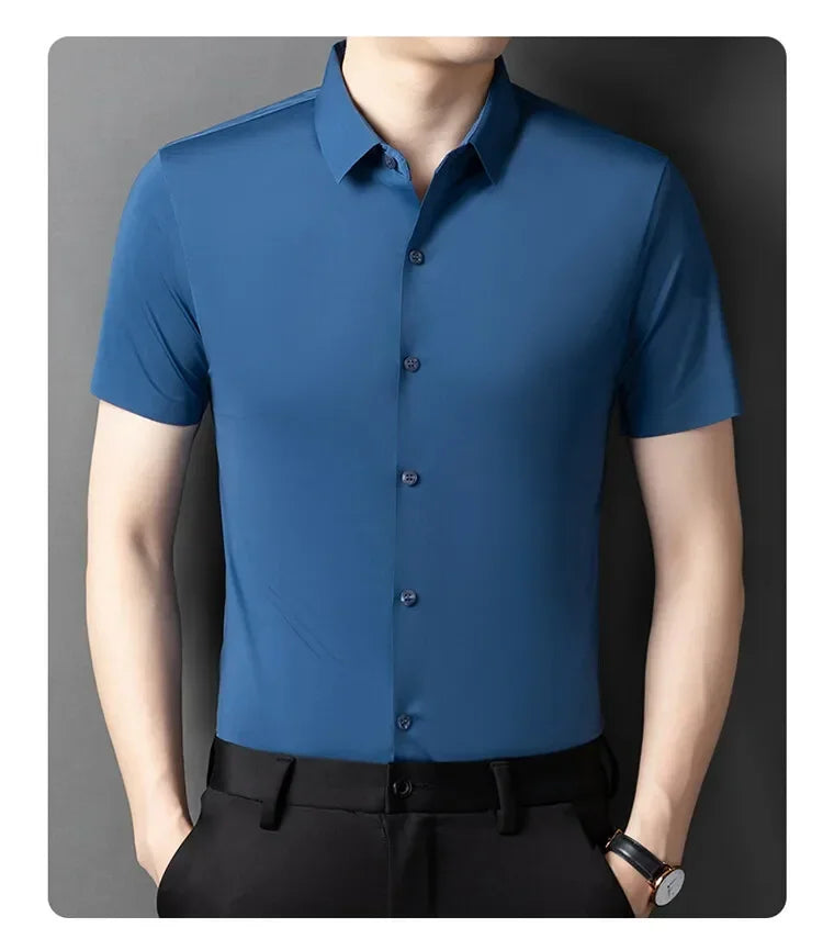 Herren-Hemd mit Vier-Wege-Stretch, Farbblock-Diamantmuster und Knopfleiste – ideal für Business-Casual und formelle Anlässe.
