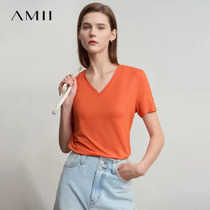 Damen T-Shirt im minimalistischen Casual-Stil mit V-Ausschnitt und kurzen Ärmeln