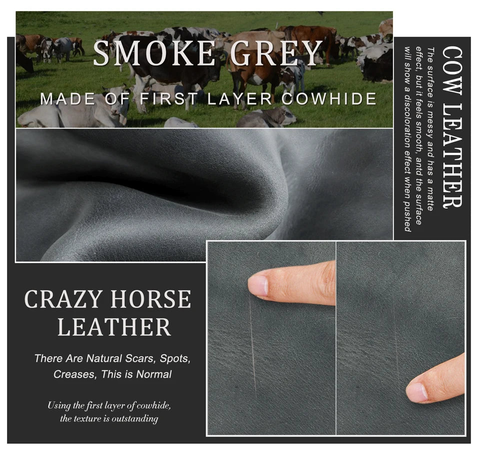 Rauchgraues Crazy-Horse-Leder mit feiner Narbung und geprägten Strukturdetails