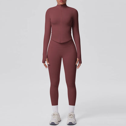 Burgundyfarbenes Yoga-Set mit Reißverschluss-Longsleeve und Leggings, hohe Taille