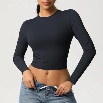 Damen-Langarmshirt Slim Fit dunkel (schwarz) mit Rundhals und langen Ärmeln