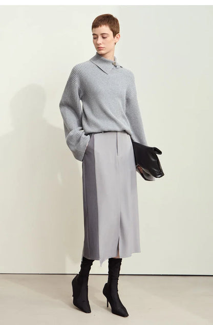 AMII Pullover im melierten Strick, grau, Polo-Kragen, lange Ärmel, entspannte Passform.