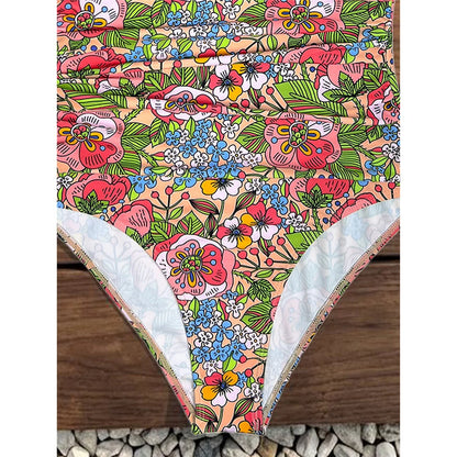 Damen Badeanzug Blumen V-Ausschnitt Neckholder Monokini hoher Beinausschnitt C