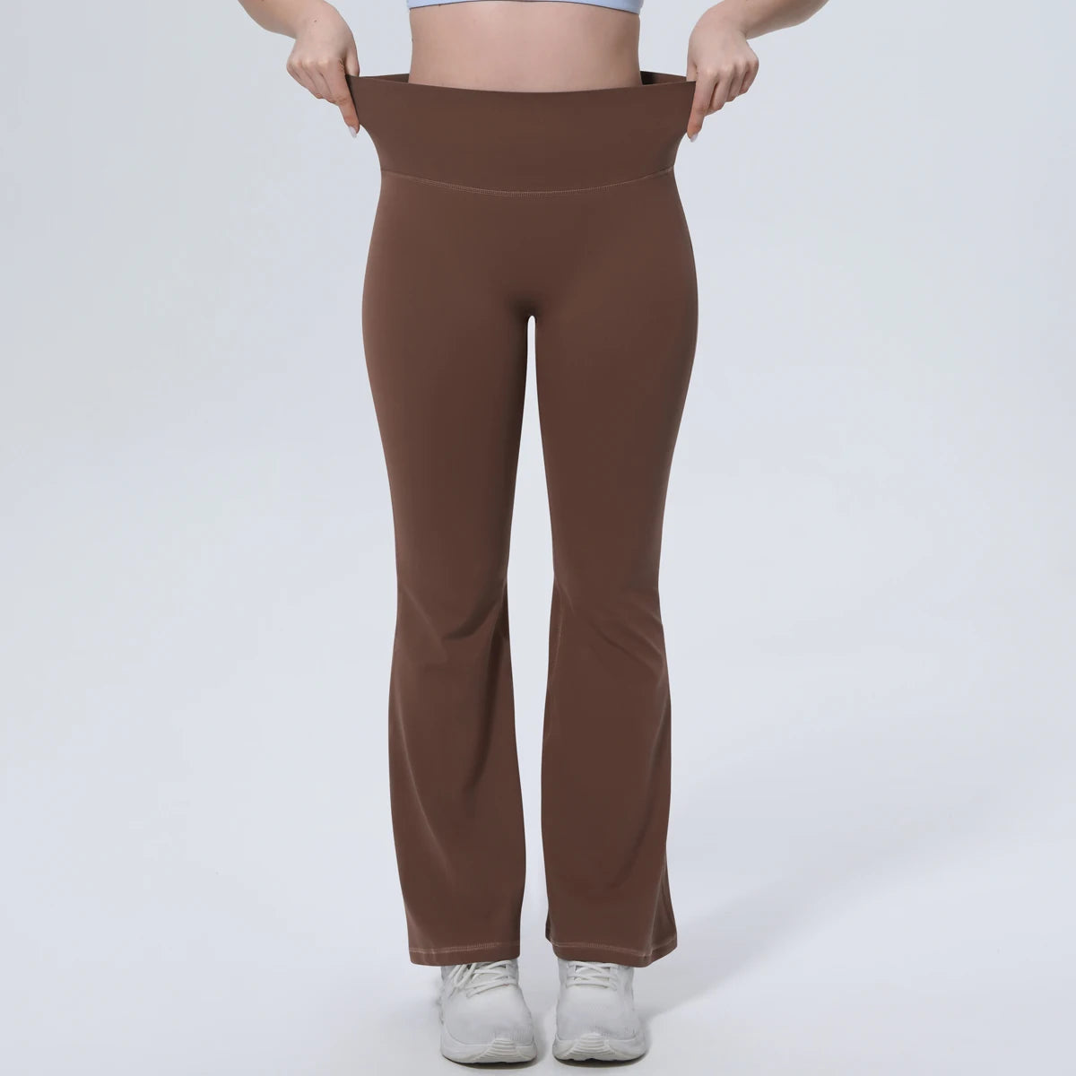 Damen-Yogahose, braun, lang, gerader Einstieg mit weiten Beinen