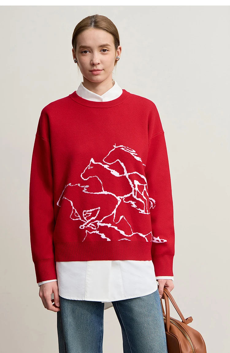 Damen-Rundhalspullover Tier-Jacquard locker Langarm Winter