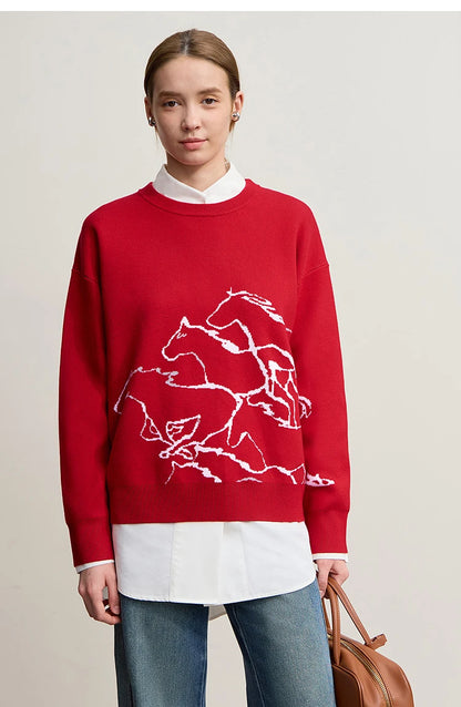 Damen-Rundhalspullover Tier-Jacquard locker Langarm Winter