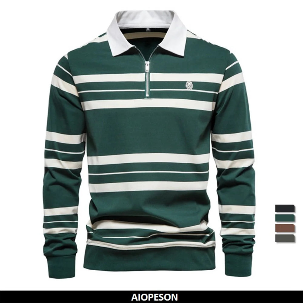 Herren Langarm Polo Shirt aus Baumwolle mit gestreiftem Reißverschluss