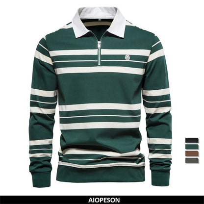 Herren Langarm Polo Shirt aus Baumwolle mit gestreiftem Reißverschluss