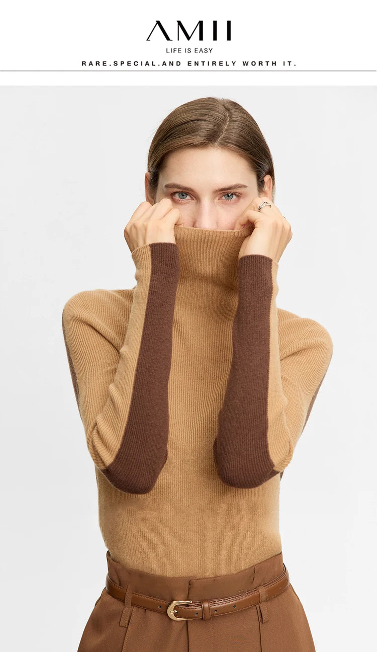Damen-Rollkragenpullover 100 % Wolle Farbkontrast Slim Fit Frühling