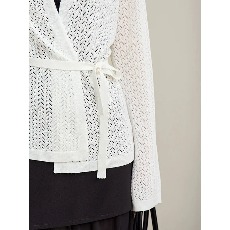 Damen-Strickjacke Lyocell V-Ausschnitt Glockenärmel Gürtel locker Frühling