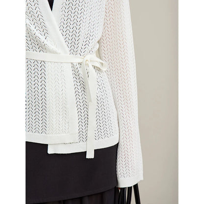 Damen-Strickjacke Lyocell V-Ausschnitt Glockenärmel Gürtel locker Frühling