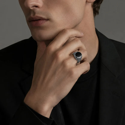 Damen-Ring ovaler Siegel schwarz Vintage aus Sterlingsilber