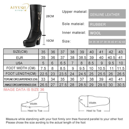 AIYUQI winter women boots first layer of leather high heeled genuine leather boots Gaotong thick with long barreled boots wool