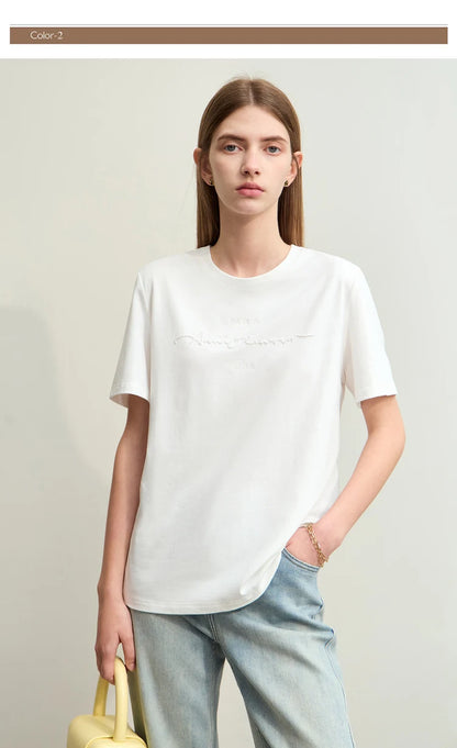 Damen T-Shirts im Minimalismus-Stil mit Kurzarm und Buchstaben-Stickerei