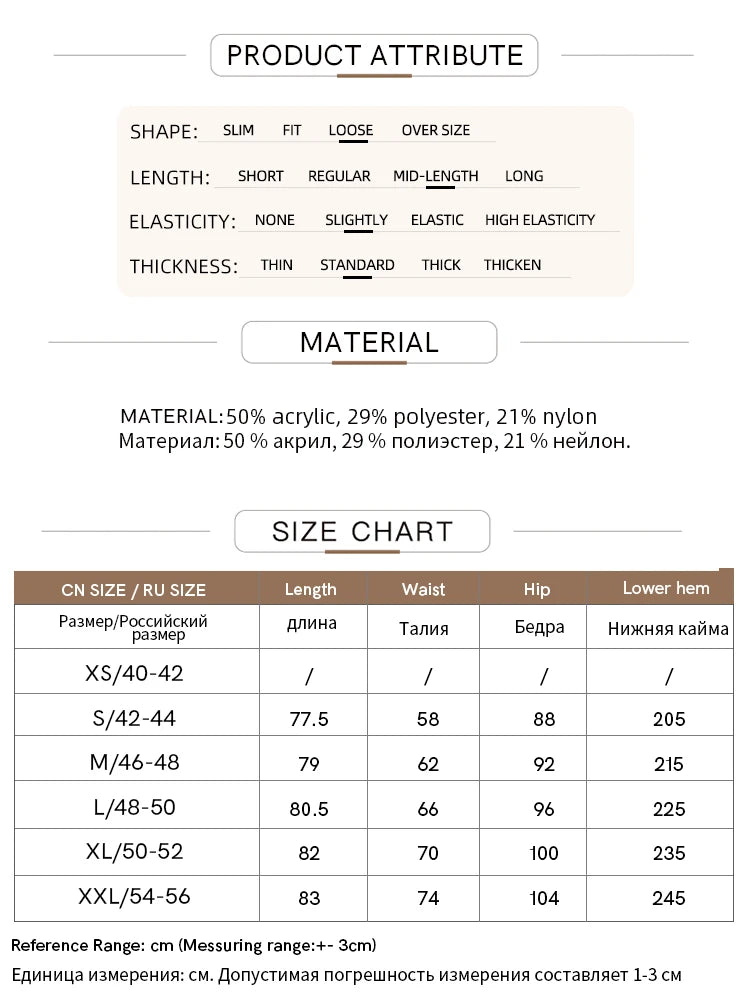 Größen- und Materialtabelle für Damen Strickrock, 50% Acryl, 29% Polyester, 21% Nylon