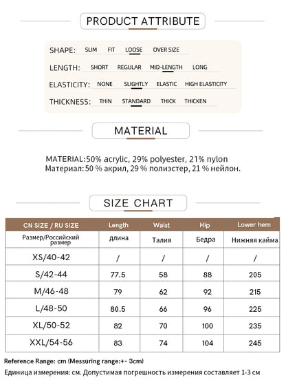 Größen- und Materialtabelle für Damen Strickrock, 50% Acryl, 29% Polyester, 21% Nylon