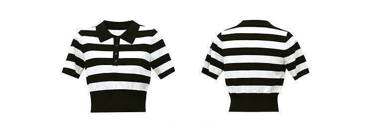 Amii gestreiftes Strick-Poloshirt, Vorder- und Rückansicht, schwarz/weiß