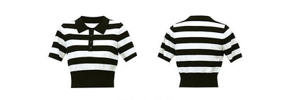 Amii gestreiftes Strick-Poloshirt, Vorder- und Rückansicht, schwarz/weiß