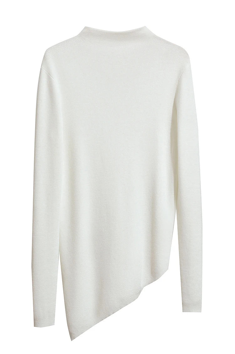 Damenpullover mit Halbrollkragen, weiß, Rückansicht, langarm, asymmetrischer Saum