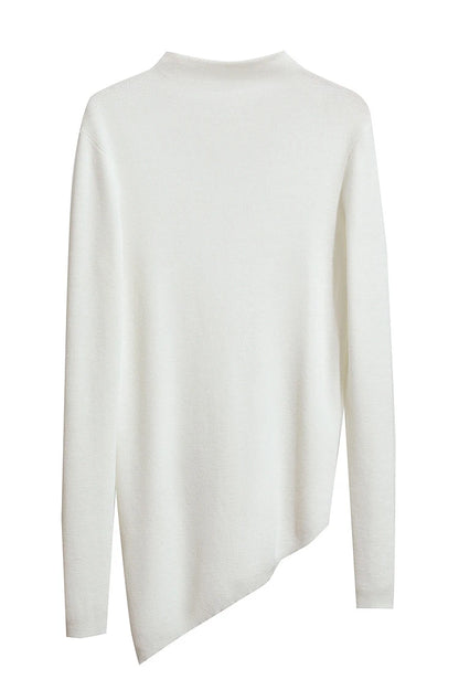Damenpullover mit Halbrollkragen, weiß, Rückansicht, langarm, asymmetrischer Saum