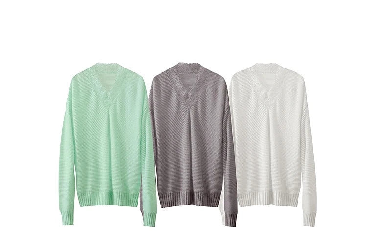 Damen V-Ausschnitt Pullover Mohair Spitze locker mittellang Frühling