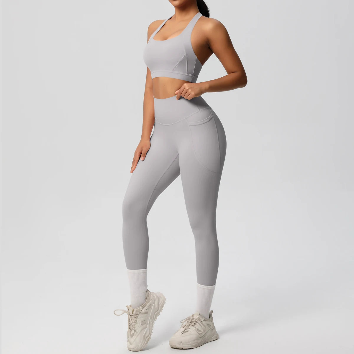 Yoga-Top und Leggings mit Bauchkontrolle, grau, hohe Taille