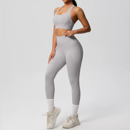 Yoga-Top und Leggings mit Bauchkontrolle, grau, hohe Taille
