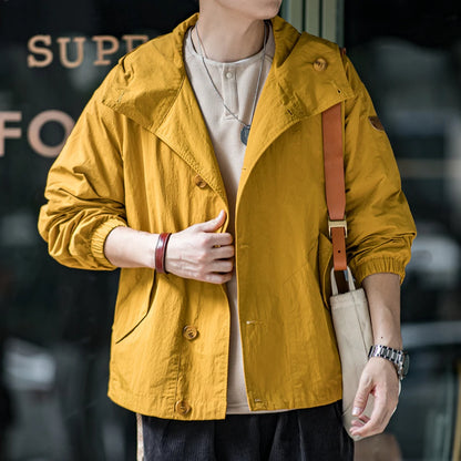 Herren Kapuzenjacke Vintage Einfarbig Dünn Loose Taschen Einzel-Breasted Coat