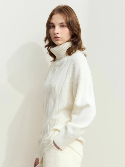 Damen-Rollkragenpullover locker Wolle-Mix lang Winter