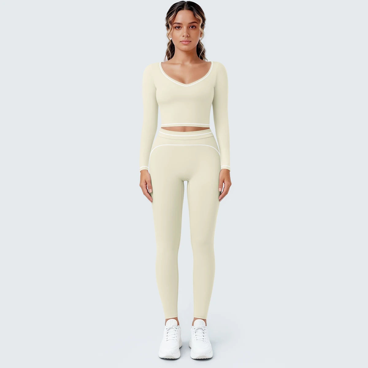Damen-Yoga-Set hellcreme: Langarmshirt mit V-Ausschnitt, Leggings mit Cut-out-Bund