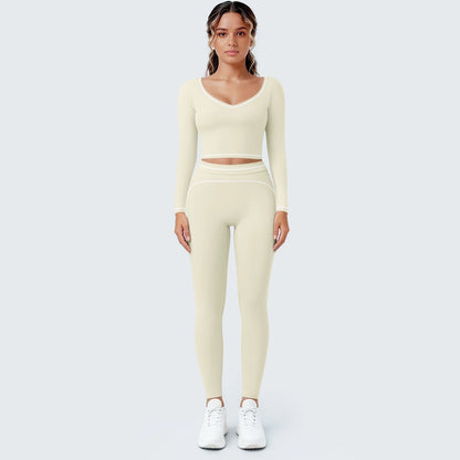Damen-Yoga-Set hellcreme: Langarmshirt mit V-Ausschnitt, Leggings mit Cut-out-Bund
