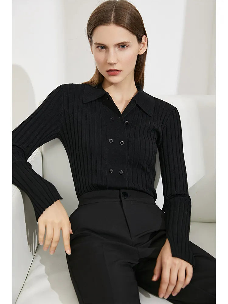 Damen-Strickjacke Polokragen Slim doppelreihig Wolle-Mix Frühling-Herbst