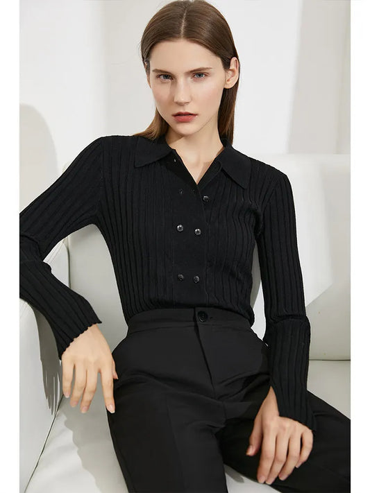 Damen-Strickjacke Polokragen Slim doppelreihig Wolle-Mix Frühling-Herbst