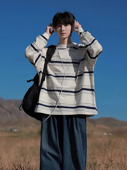 Herbst japanische Vintage gestreifte Crewneck Sweatshirts für Männer y2k Streetwear Langarm T-Shirts Frauen lässig Tasche Strick oberteile
