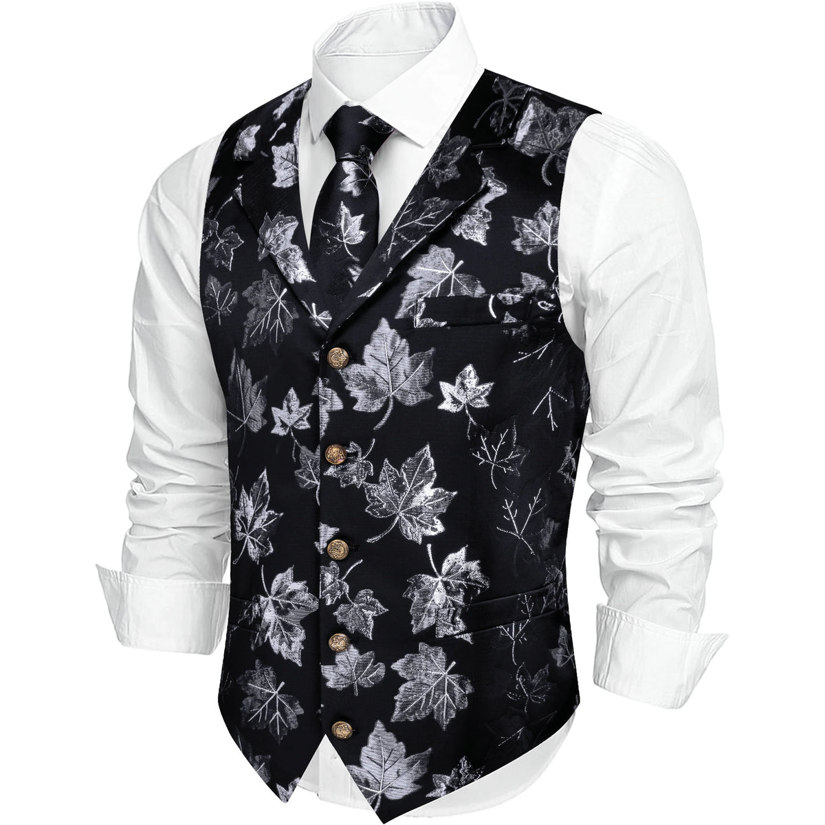 Herrenweste mit Ahornblatt-Jacquardmuster, schwarz-grau, Knopfleiste