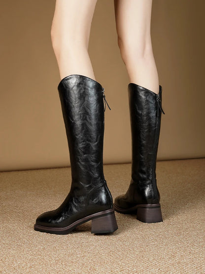 Women Winter Boots Genuine Leather Natural Wool Warm Female Knight Boots Square Toe Back Zipper Western Cowboy Boots Women