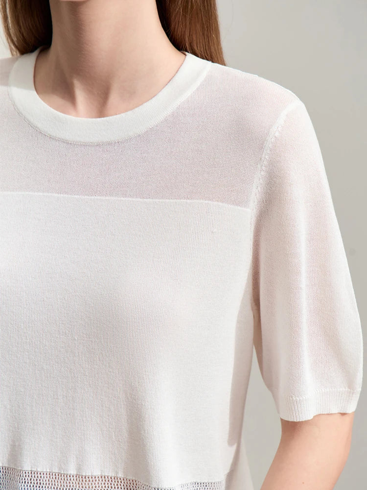 Damen-Strickpullover mit O-Ausschnitt, cremefarben, Ärmelbündchen und feine Masche