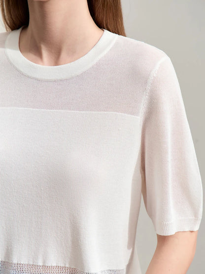 Damen-Strickpullover mit O-Ausschnitt, cremefarben, Ärmelbündchen und feine Masche