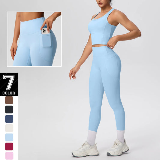 Damen-Yoga-Set in Hellblau: ärmelloses Top und High-Waist Leggings mit Kontrastbund