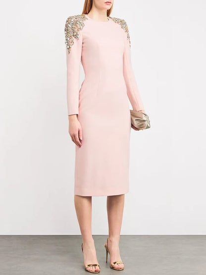 Elegantes Damen-Kleid mit Rundhalsausschnitt, halben Ärmeln und Pailletten-Patchwork-Design