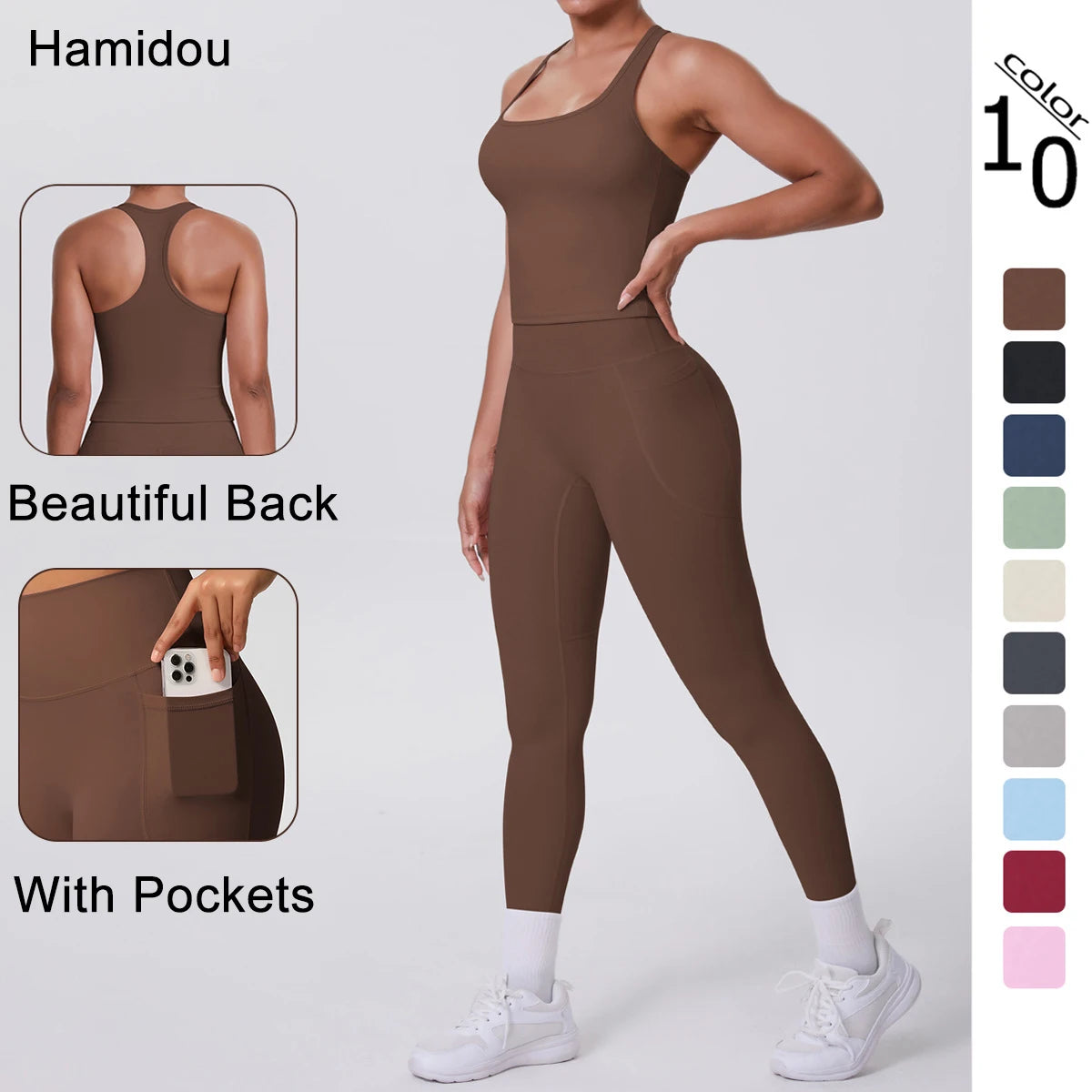 Damen Yoga-Overall, braun, Racerback, rückenfrei, mit Seitentaschen