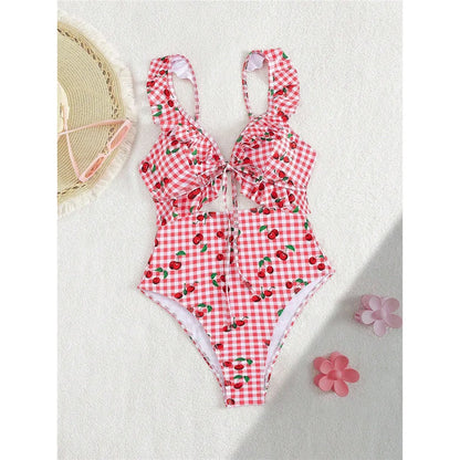 Damen Badeanzug Kirschen Karo Cut-Out Rüschen hoher Beinausschnitt Monokini