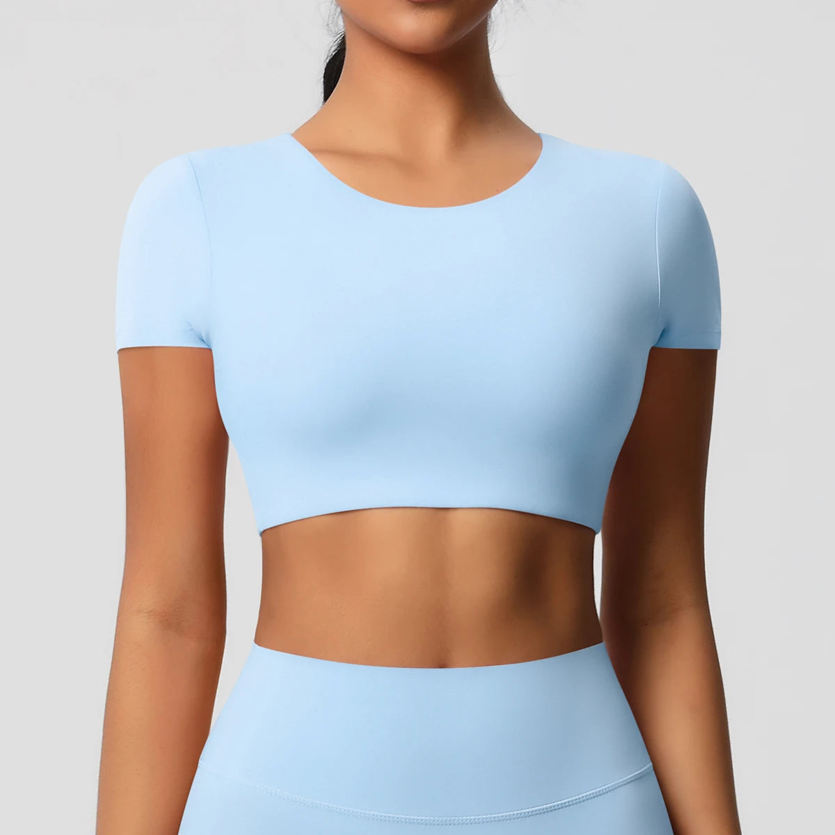 Damen-Workout-Top mit Brustpolstern, kurzarm, Rundhalsausschnitt, hellblau