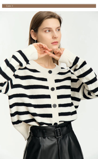 Damen-Strickjacke Baumwolle-Wolle Streifen Kontrastfarben locker Herbst