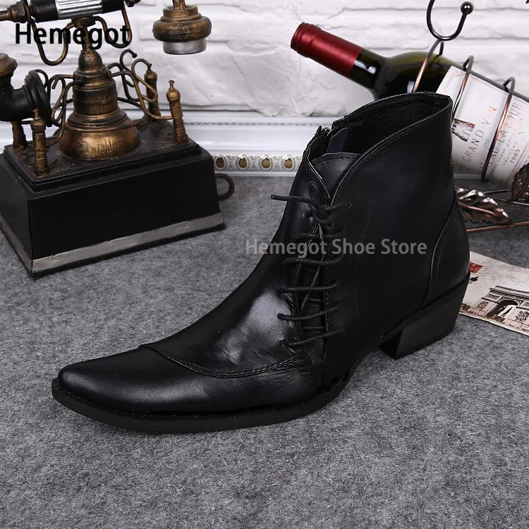 Schwarze Herren-Leder-Stiefelette mit Schnürung, spitzer Zehenform und Absatz